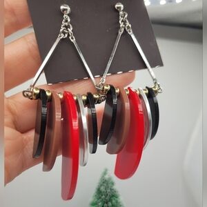 ✨2/$10✨ Red Black Silver Semicircle Geometric Large Earrings Statement Classic